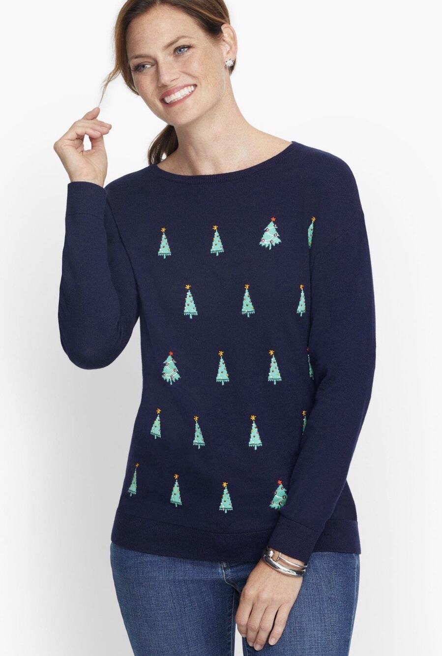 Talbots Womens Christmas Tree Sweater Navy Blue XL ugly holiday embroidered
